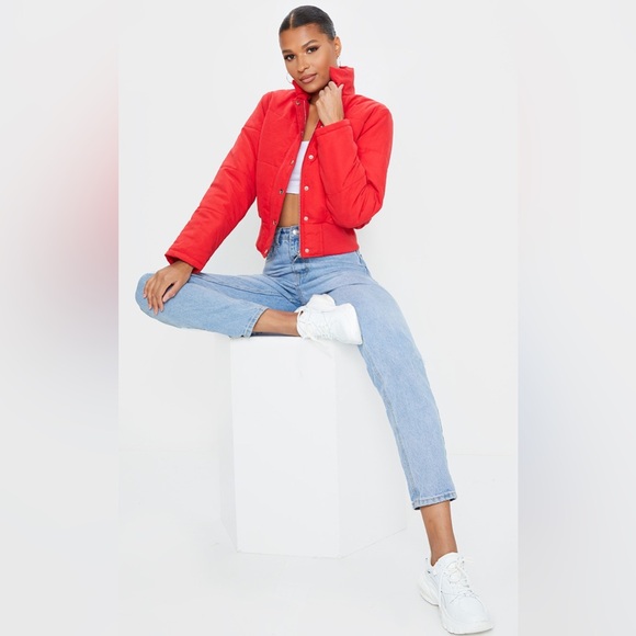 PrettyLittleThing Red Peach Skin Cropped Puffer Jacket: size 10 UK - Picture 2 of 16